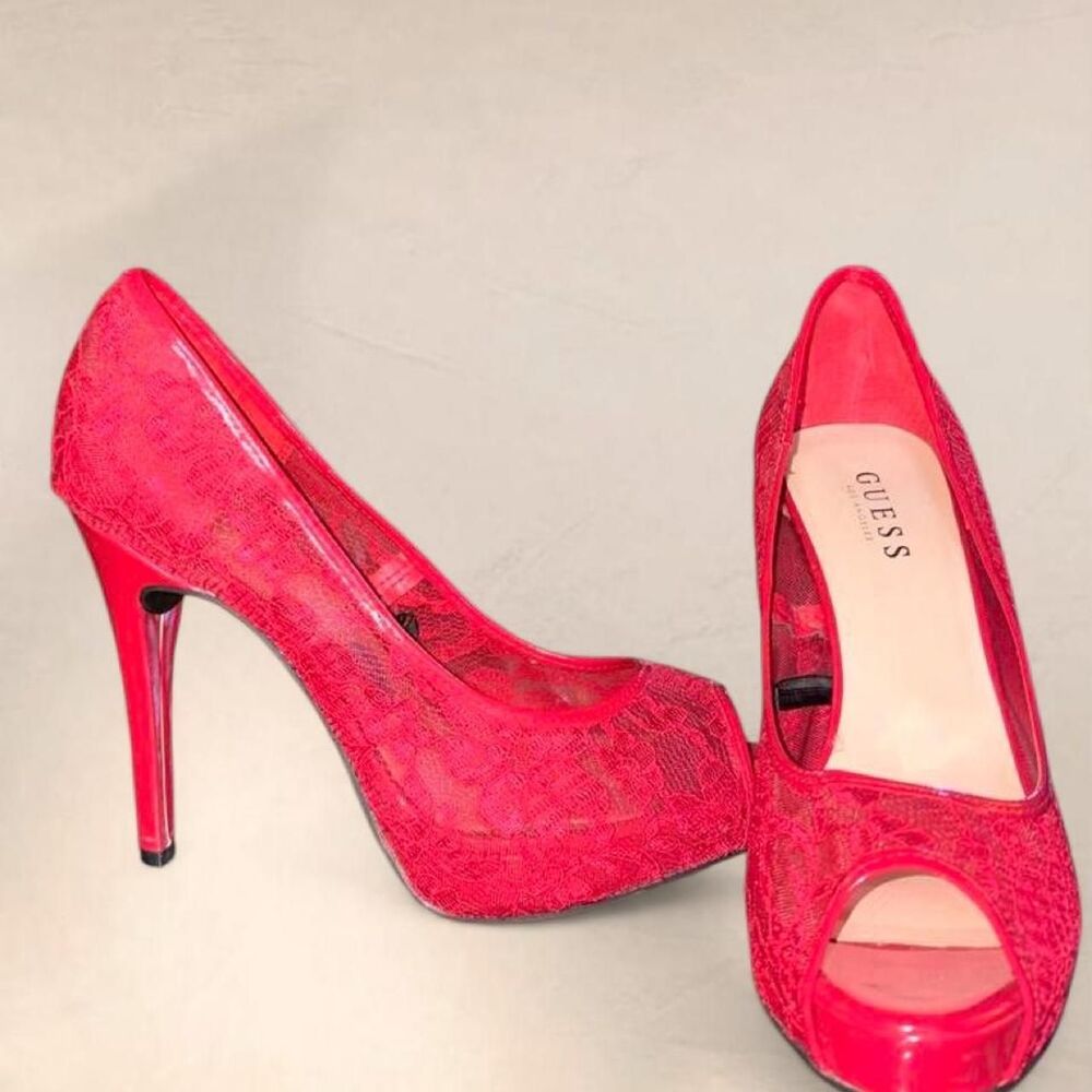Guess Cacei elegant red lace high heels with a peep-toe design Woman’s Size 10